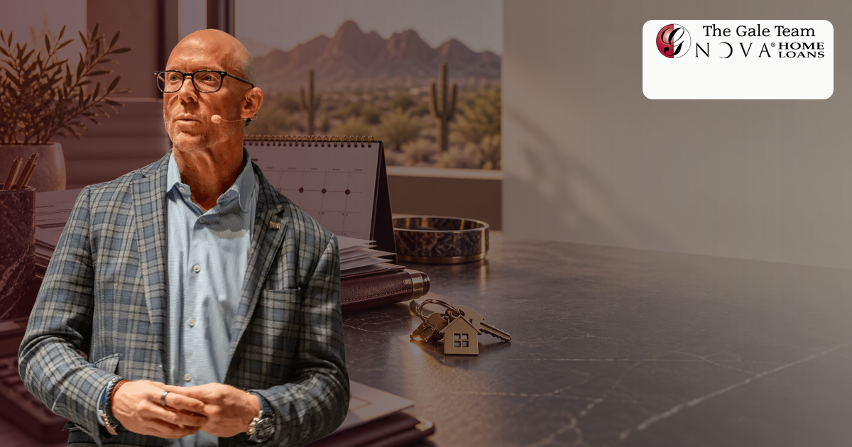 Bald Greg Gale beside generic documents, a calendar, Arizona scenery, and house keys
