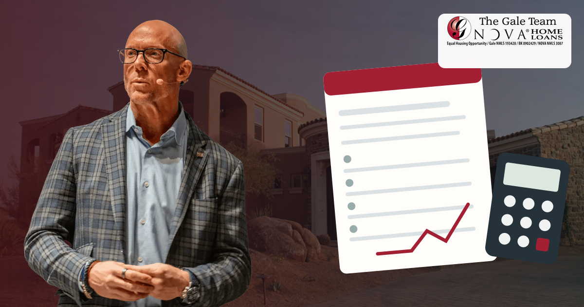 Approved bald Greg Gale beside an Arizona home, bank-statement graphic, and calculator