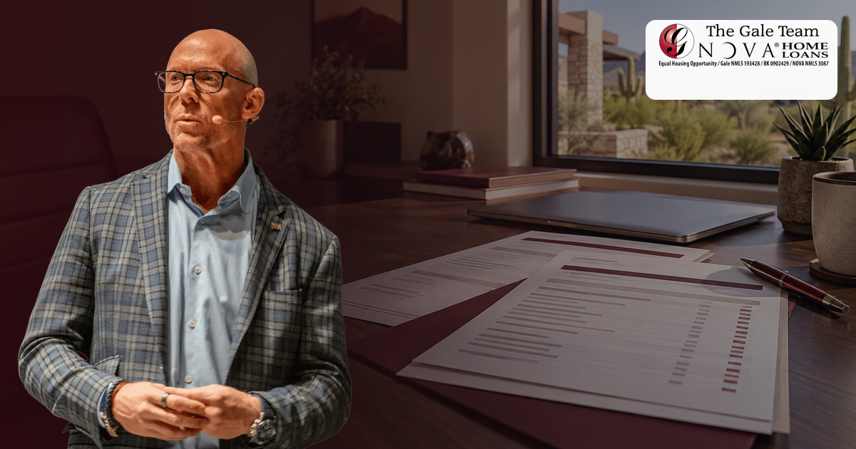 Approved bald Greg Gale reviewing a bank-statement deposit worksheet in a Scottsdale home office