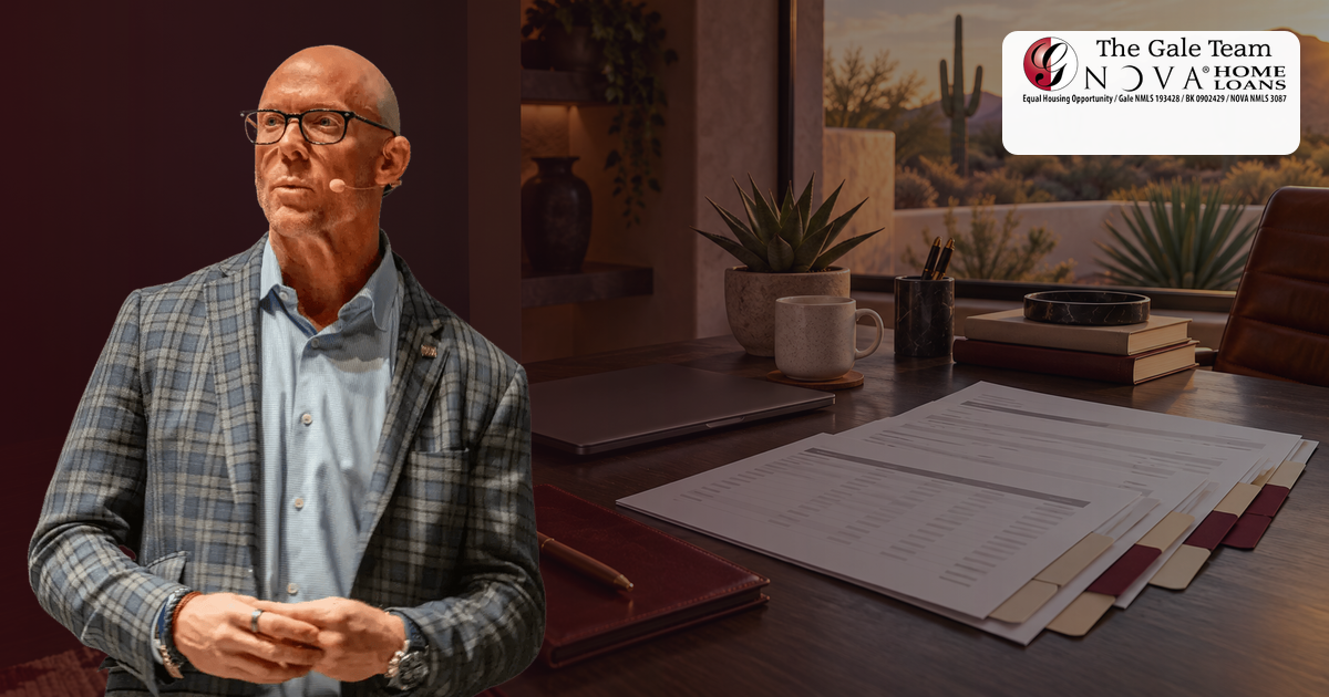 Greg Gale reviewing monthly bank-statement documents in an Arizona home office