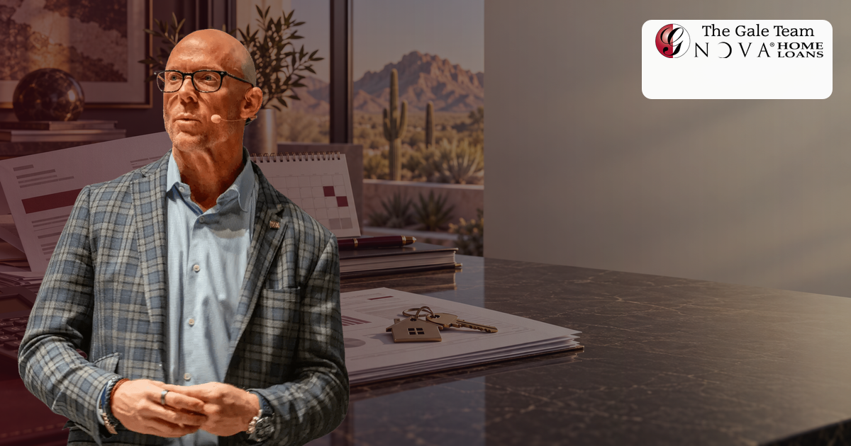 Bald Greg Gale beside generic financial documents, a calendar, and house keys