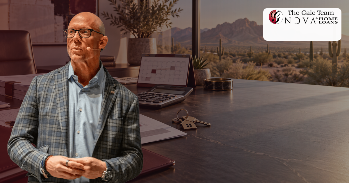 Bald Greg Gale beside generic payment-schedule documents, a calendar, calculator, Arizona scenery, and house keys