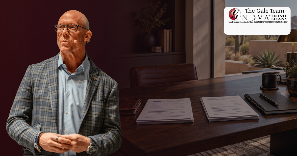 Approved bald Greg Gale reviewing separate personal and business account files for an Arizona mortgage